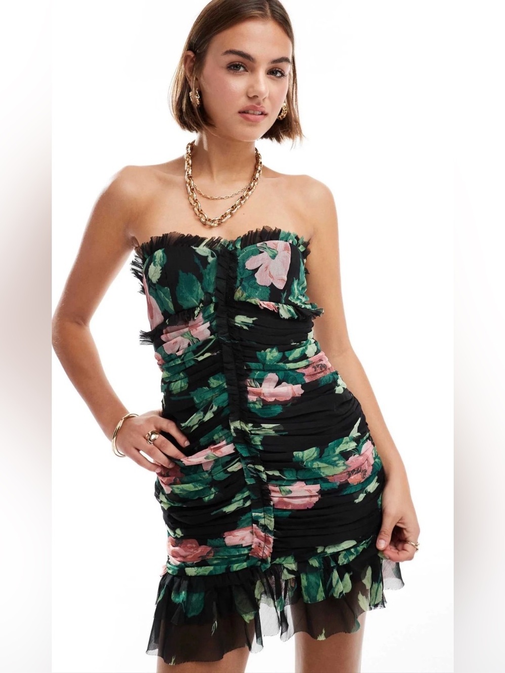 ASOS Design Ruched Bandeau Floral Frill Mini Dress Strapless Mesh‎ Size 12 NWT!